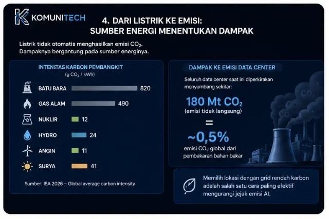 Gambar Apakah AI Benar-benar Boros Energi? Ini Data Terbarunya (2026) 5 by Komunitech AI Intensitas karbon per sumber listrik dan dampak emisi CO2 data center — IEA 2026