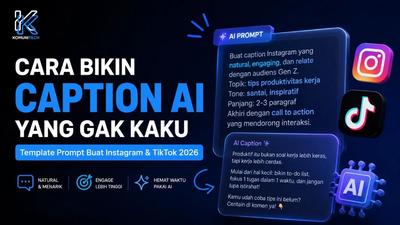 Gambar Cara Bikin Caption AI yang Gak Kaku: Template Prompt buat Instagram & TikTok (2026) 1 by Komunitech AI Gambar Cara Bikin Caption AI yang Gak Kaku: Template Prompt buat Instagram & TikTok (2026) by Komunitech AI