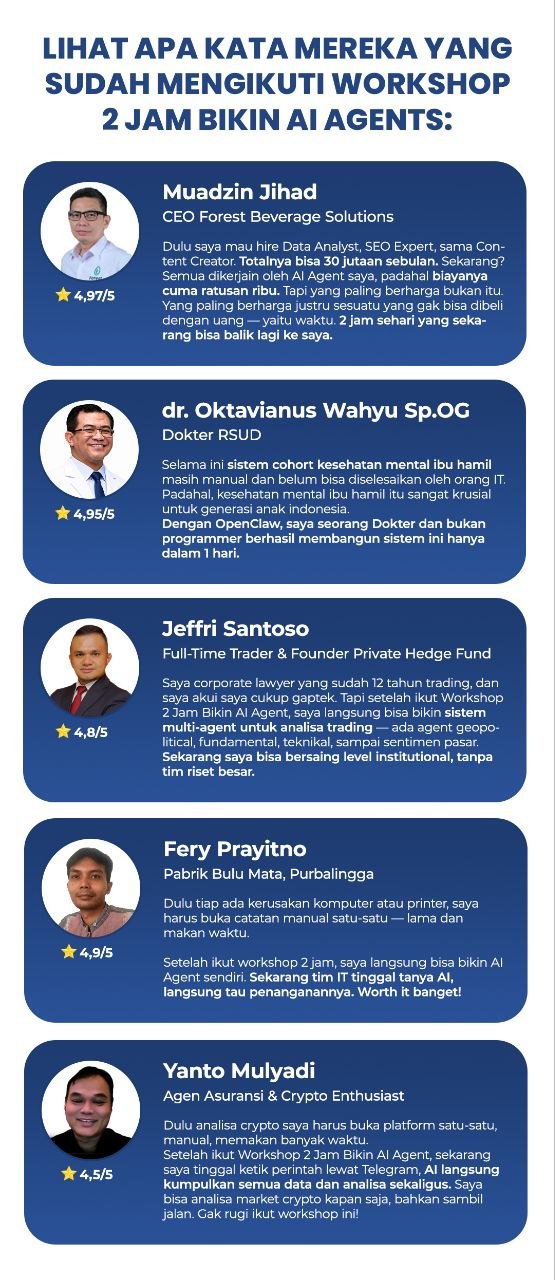 Gambar Workshop AI Agent: Bikin Karyawan AI Pertamamu dalam 2 Jam 2 by Komunitech AI Testimoni lima peserta Workshop 2 Jam Bikin AI Agent Komunitech: Muadzin Jihad CEO Forest Beverage Solutions, dr. Oktavianus Wahyu Sp.OG dokter RSUD, Jeffri Santoso trader dan founder private hedge fund, Fery Prayitno pabrik bulu mata Purbalingga, dan Yanto Mulyadi agen asuransi
