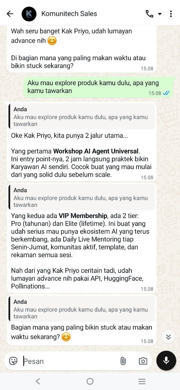 Gambar Cara AI Agent Kualifikasi Leads dan Tandai Tahap Funnel Otomatis (2026) 2 by Komunitech AI Screenshot chat WhatsApp CS Bot Komunitech menilai maturity dan menyegmentasi penawaran berdasarkan konteks percakapan