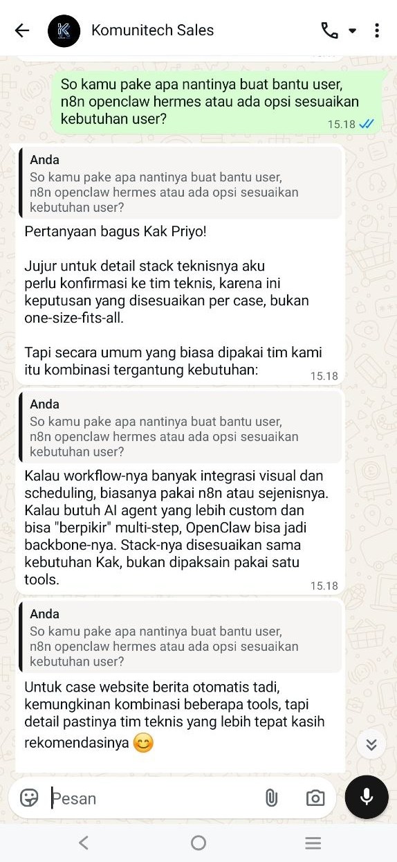 Gambar Cara AI Agent Kualifikasi Leads dan Tandai Tahap Funnel Otomatis (2026) 3 by Komunitech AI Screenshot chat WhatsApp CS Bot Komunitech mengenali batas wewenangnya dan menyiapkan handoff ke tim teknis manusia
