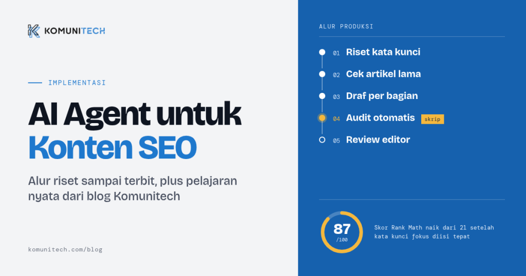 Gambar AI Agent untuk Konten SEO: Alur Riset sampai Terbit (2026) 2 by Komunitech AI AI Agent untuk konten SEO: alur produksi dari riset sampai terbit oleh Komunitech