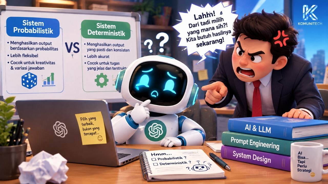 Gambar Kenapa AI Suka "Ngaco" (Halusinasi), dan Cara Bisnis Tetap Aman Pakai AI Agent (2026) 1 by Komunitech AI Ai halusinasi deterministik vs probabilistik - Kenapa AI Suka “Ngaco” (Halusinasi), dan Cara Bisnis Tetap Aman Pakai AI Agent (2026)