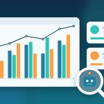 Ilustrasi dashboard laptop membandingkan grafik analitik kompetitor dengan ikon kaca pembesar dan robot AI