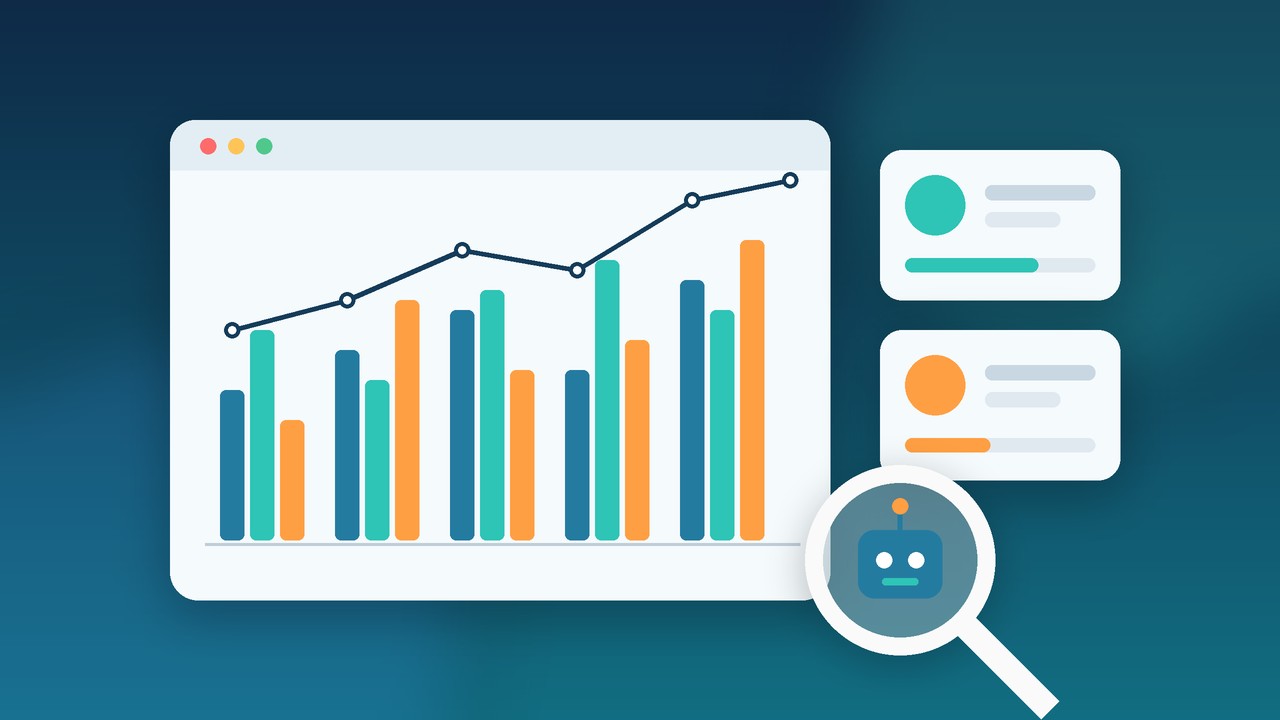 Ilustrasi dashboard laptop membandingkan grafik analitik kompetitor dengan ikon kaca pembesar dan robot AI