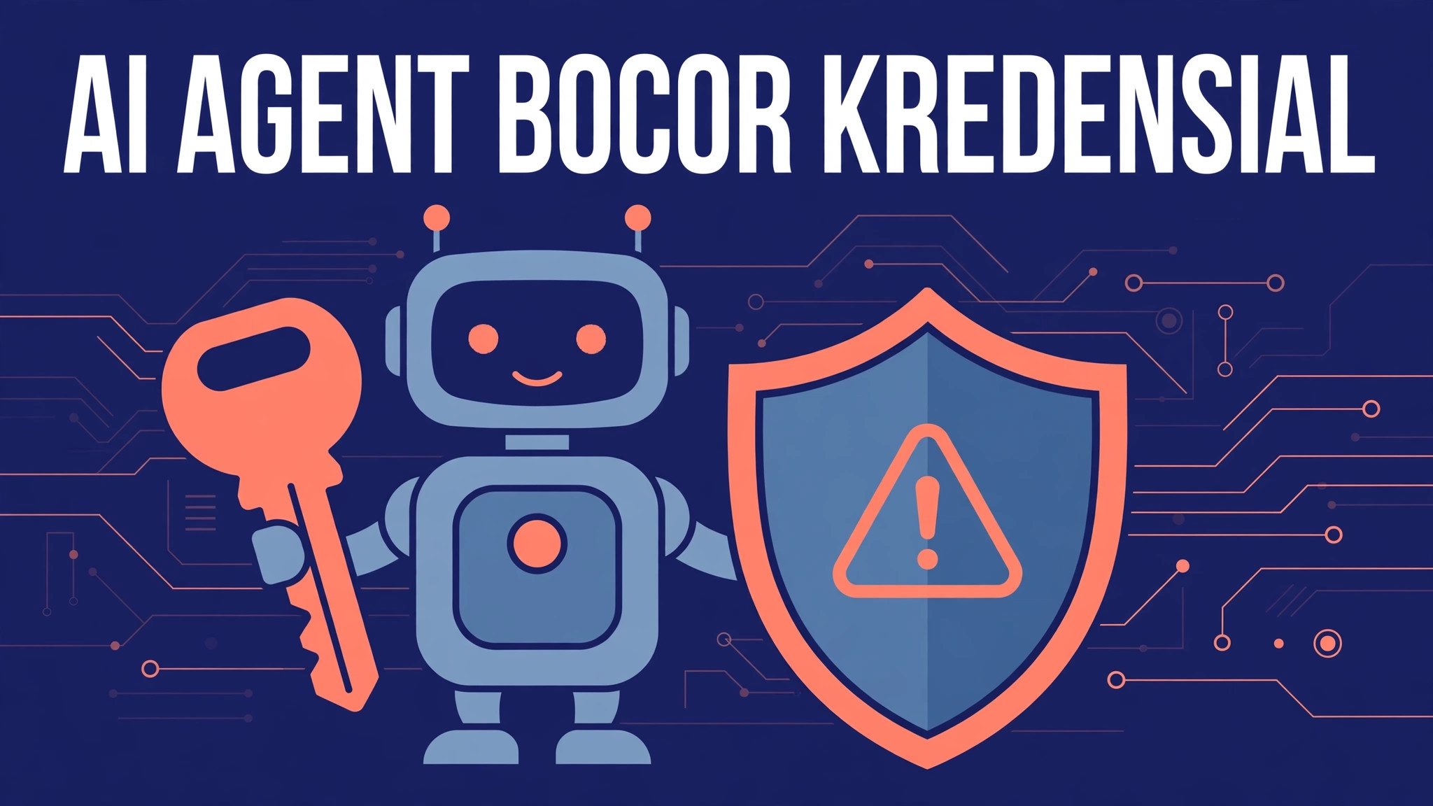 Gambar AI Agent Bocor Kredensial Pentagon: Pelajaran Keamanan untuk Kantor Kamu (2026) 1 by Komunitech AI Ilustrasi AI agent memegang kunci di samping perisai peringatan, banner artikel AI agent bocor kredensial Pentagon