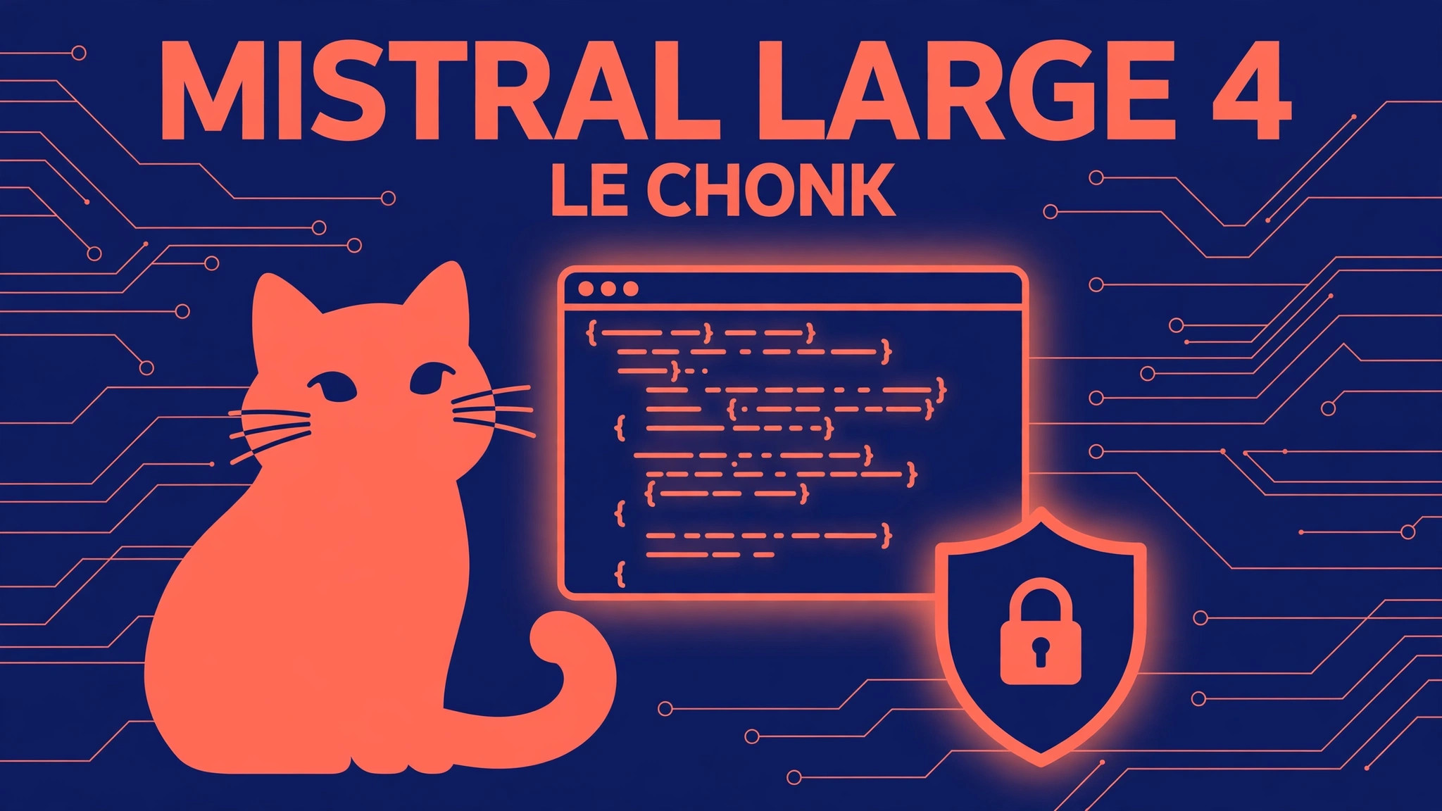 Ilustrasi Mistral Large 4 Le Chonk, model AI open-weight untuk coding dan keamanan siber