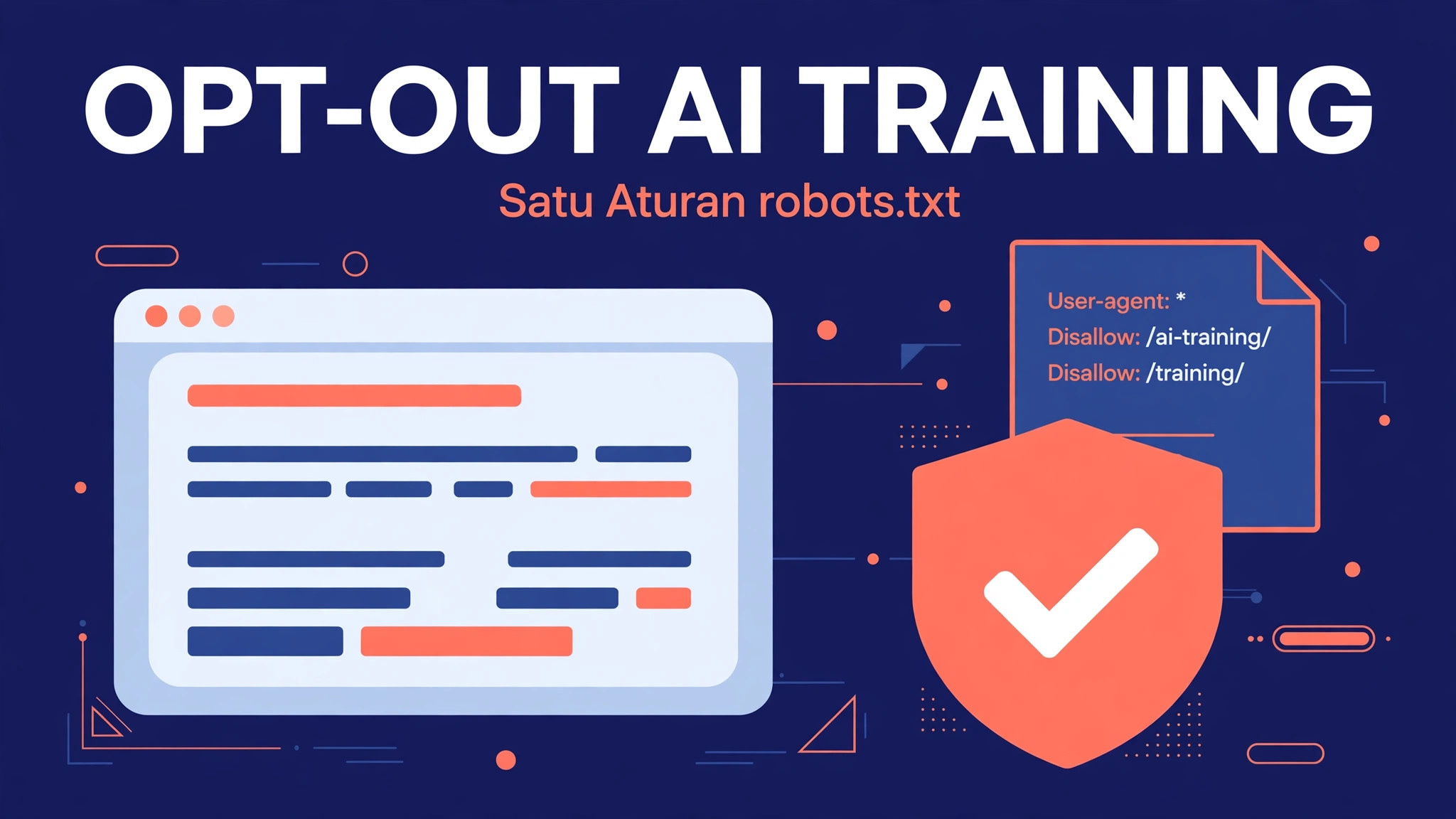 Gambar Opt-Out AI Training: Satu Aturan robots.txt untuk OpenAI, Google, Microsoft, dan Anthropic (2026) 1 by Komunitech AI Ilustrasi banner opt-out AI training: perisai dan dokumen robots.txt dengan teks OPT-OUT AI TRAINING