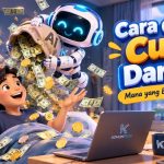 Cara Menghasilkan Uang dari AI: Mana yang Beneran Ada Permintaannya (2026) Ilustrasi cuan dari AI, robot menuangkan uang untuk pengguna laptop Komunitech