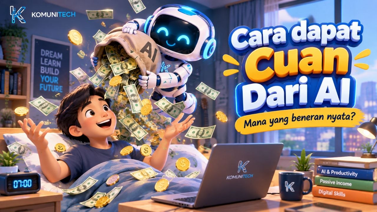 Gambar Cara Menghasilkan Uang dari AI: Mana yang Beneran Ada Permintaannya (2026) 1 by Komunitech AI Ilustrasi cuan dari AI, robot menuangkan uang untuk pengguna laptop Komunitech