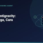 Ilustrasi Google Antigravity: jendela kode dengan node agent AI yang mengorbit