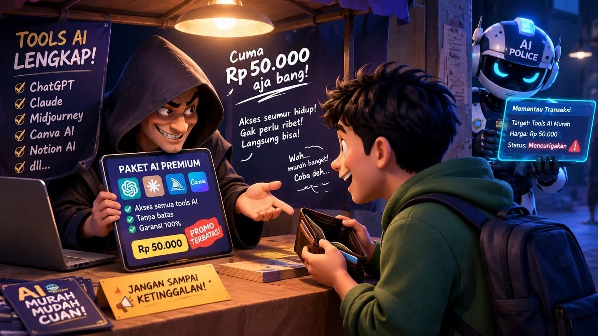Gambar Benarkah Ada Jasa Jual Google AI Pro 18 Bulan Murah? 1 by Komunitech AI Ilustrasi penjual paket AI premium murah Rp50.000 menawarkan ke pembeli, dipantau AI Police
