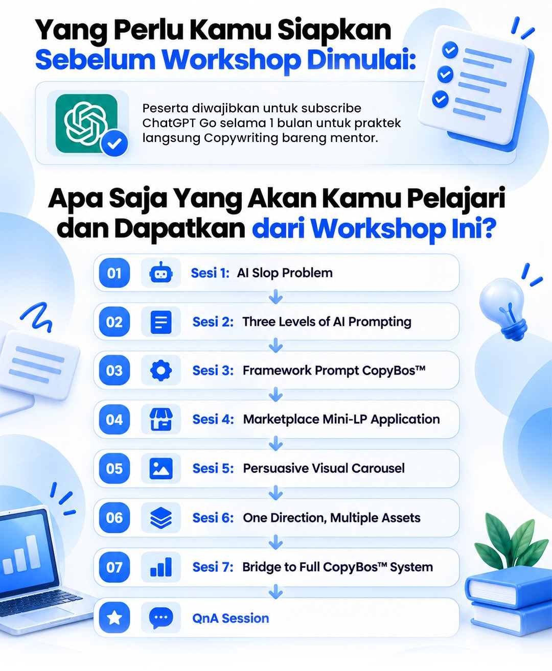 Gambar Workshop AI Copywriting: Bikin Konten Cepat Tanpa Kehilangan Brand Signature (2026) 3 by Komunitech AI Kurikulum 7 sesi Workshop AI Copywriting Komunitech dari AI Slop Problem sampai Bridge to Full CopyBos System