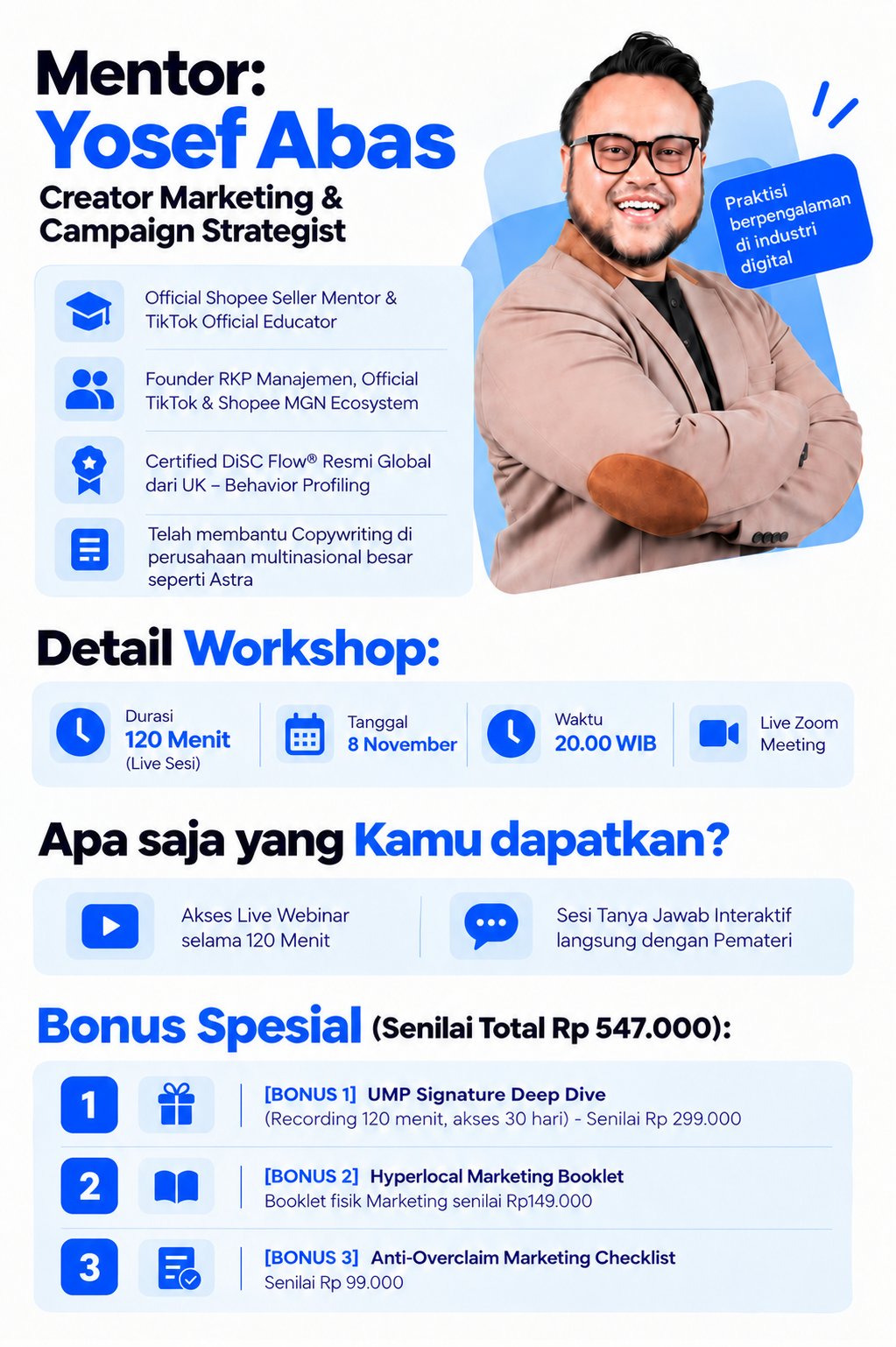 Gambar Workshop AI Copywriting: Bikin Konten Cepat Tanpa Kehilangan Brand Signature (2026) 4 by Komunitech AI Yosef Abas, mentor Workshop AI Copywriting Komunitech, Creator Marketing dan Campaign Strategist
