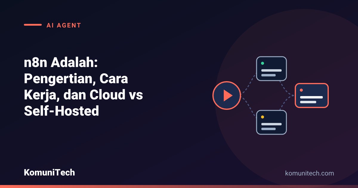 Gambar n8n Adalah: Pengertian, Cara Kerja, dan Cloud vs Self-Hosted (2026) 1 by Komunitech AI Ilustrasi n8n: node workflow otomasi tersambung dengan trigger