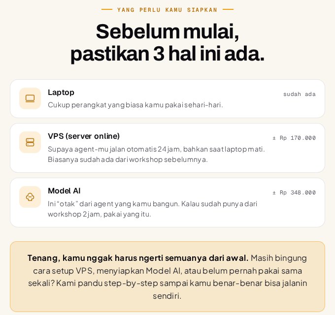 Gambar Special Class OpenClaw Sales & CS Agent: Bikin AI Agent WhatsApp Dipandu sampai Jalan (2026) 5 by Komunitech AI Tiga hal yang perlu disiapkan sebelum Special Class OpenClaw Sales dan CS Agent: laptop, VPS, dan Model AI