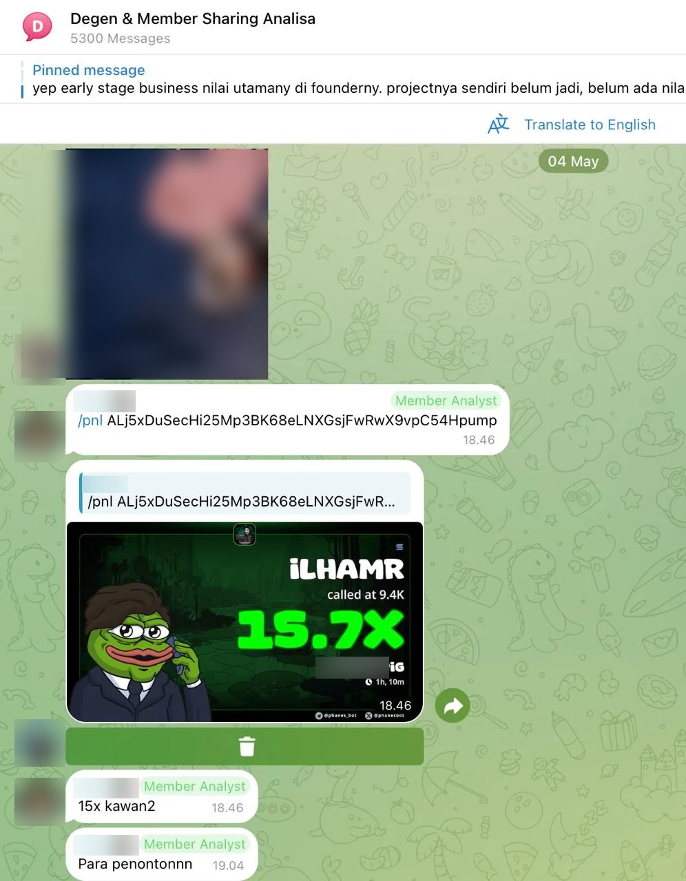 Gambar AI Analisa Saham dan Crypto: Bot Analis Pasar Gratis untuk Member VIP Komunitech (2026) 5 by Komunitech AI Tangkapan layar grup Telegram member VIP berbagi hasil call 15,7x