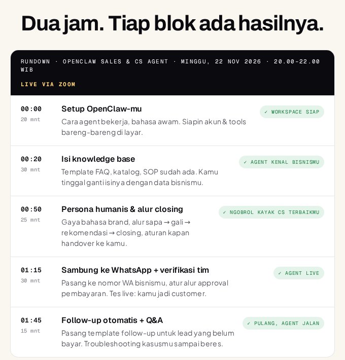 Gambar Special Class OpenClaw Sales & CS Agent: Bikin AI Agent WhatsApp Dipandu sampai Jalan (2026) 4 by Komunitech AI Rundown 2 jam Special Class OpenClaw Sales dan CS Agent, dari setup OpenClaw sampai follow-up otomatis