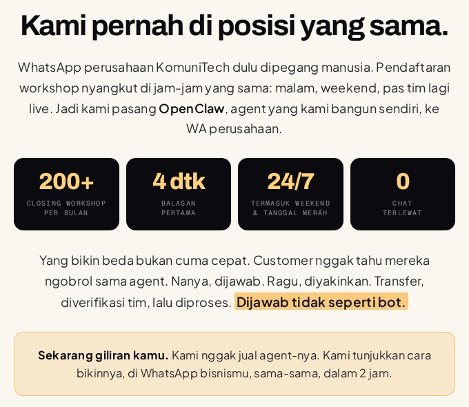 Gambar Special Class OpenClaw Sales & CS Agent: Bikin AI Agent WhatsApp Dipandu sampai Jalan (2026) 3 by Komunitech AI KomuniTech memakai OpenClaw sebagai Sales Agent WhatsApp, hasil 200+ closing workshop per bulan, balasan 4 detik, aktif 24/7, 0 chat terlewat