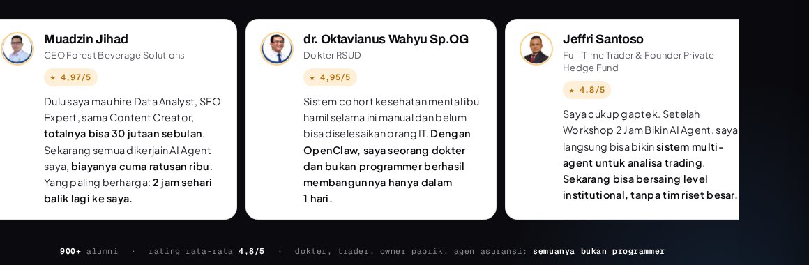 Gambar Special Class OpenClaw Sales & CS Agent: Bikin AI Agent WhatsApp Dipandu sampai Jalan (2026) 7 by Komunitech AI Testimoni alumni Workshop 2 Jam Bikin AI Agent KomuniTech: Muadzin Jihad, dr. Oktavianus Wahyu, Jeffri Santoso