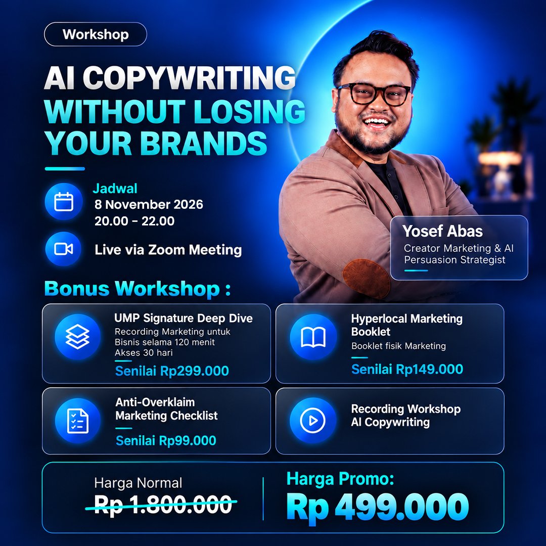 Gambar Workshop AI Copywriting: Bikin Konten Cepat Tanpa Kehilangan Brand Signature (2026) 1 by Komunitech AI Workshop ai copywriting hero - Workshop AI Copywriting: Bikin Konten Cepat Tanpa Kehilangan Brand Signature (2026)