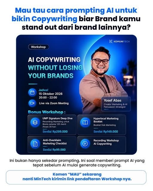 Workshop AI Copywriting Without Losing Your Brands bersama Yosef Abas, 15 Oktober 2026 via Zoom